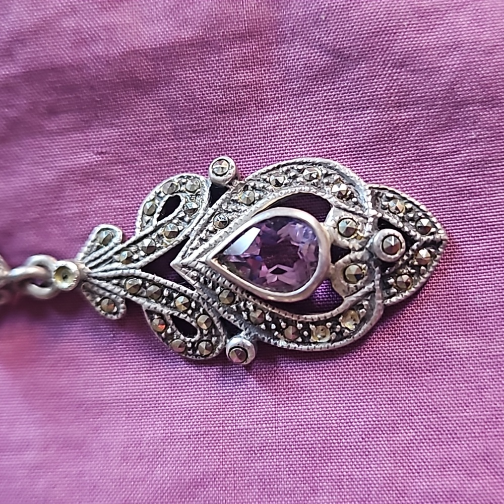 Vintage sterling silver retro marcasite 1.75" pendant with teardrop amethyst - Picture 6 of 8